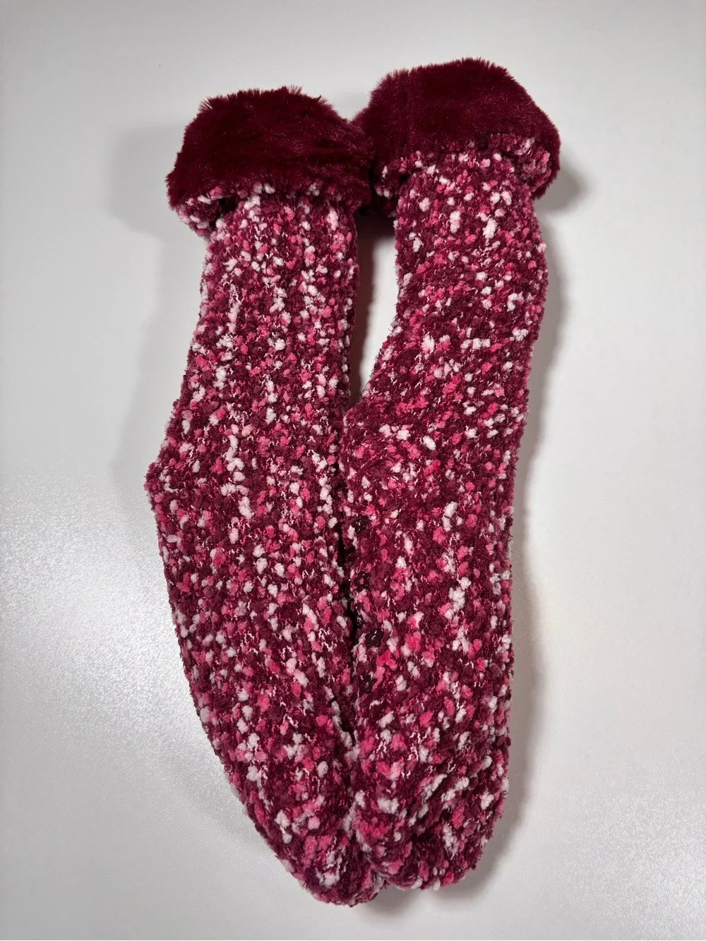 Jane & Bleecker Slipper Socks Pink White Knit Faux Fur Cuff
